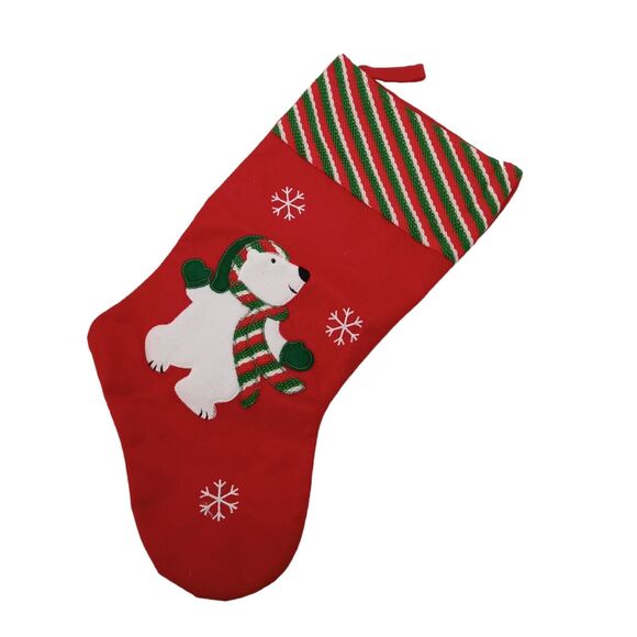 Whimsical Polar Bear Christmas Stocking Red Green White Snowflakes Holiday Decor - Picture 2 of 10